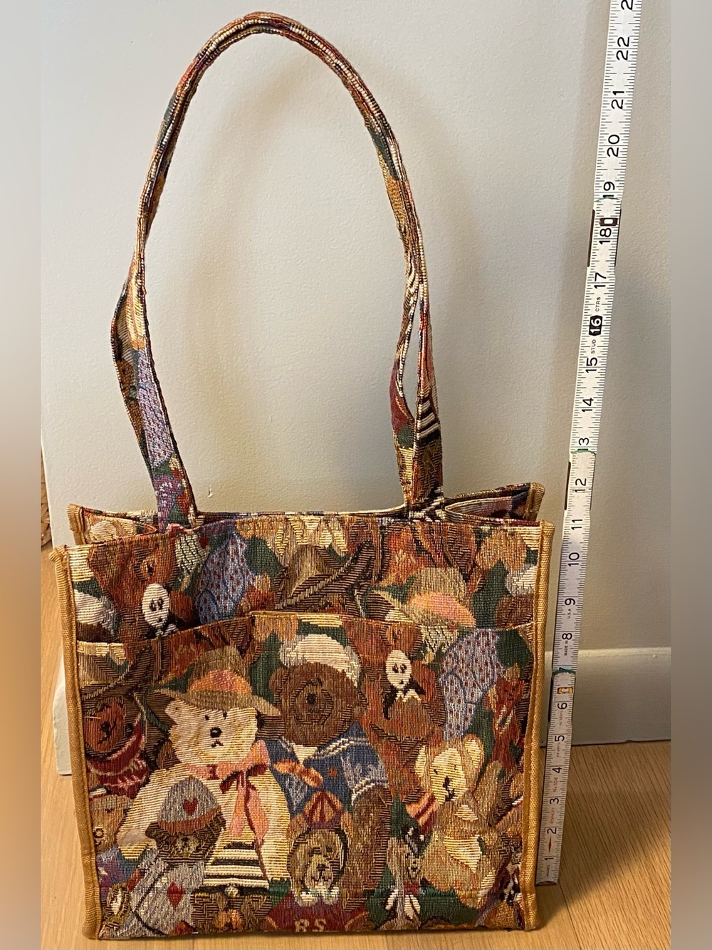 Vintage 90s Tapestry Teddy Bear Tote Bag Grandmacore Cottage Woven Purse - Picture 13 of 16